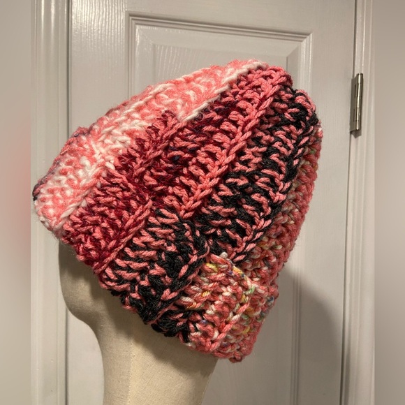 Handmade Crochet Chunky Ribbed Upcycled Multi Fiber Scrappy Yarn Beanie Hat - Picture 2 of 8